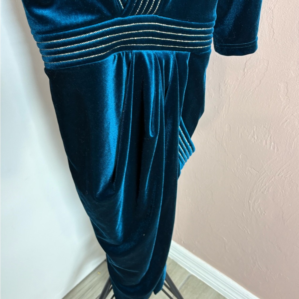 Zhivago Teal Velvet V-Neck Draped Midi Dress - Picture 4 of 8
